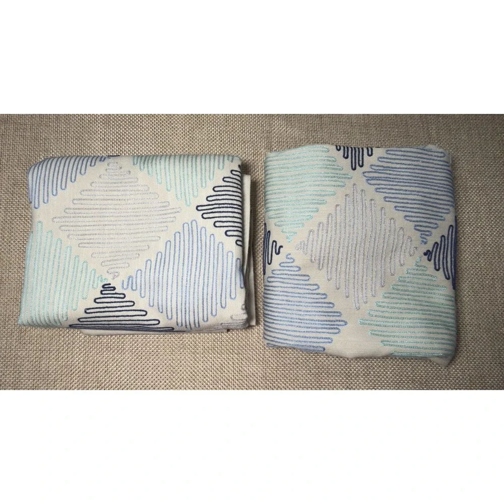 Threshold Curtain Panel Set Tan Zig Zag Embroidered Boho Blue Geometric